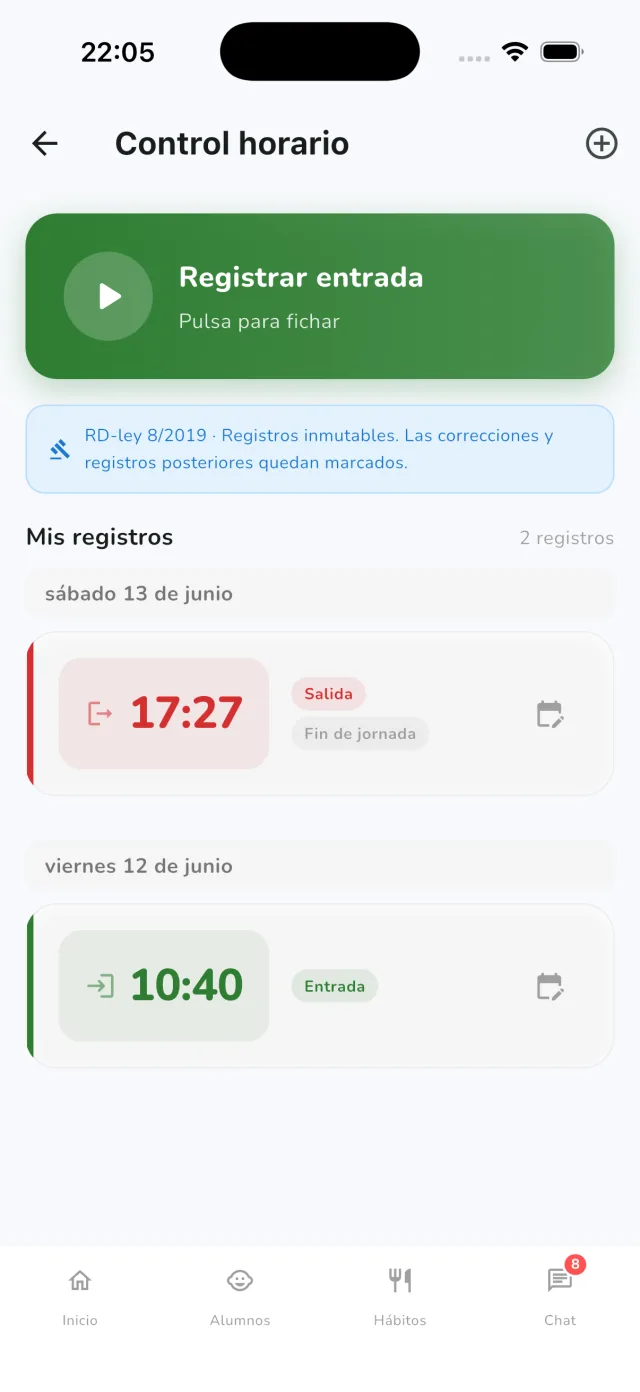 Fichaje de entrada y salida del personal del centro con el registro horario