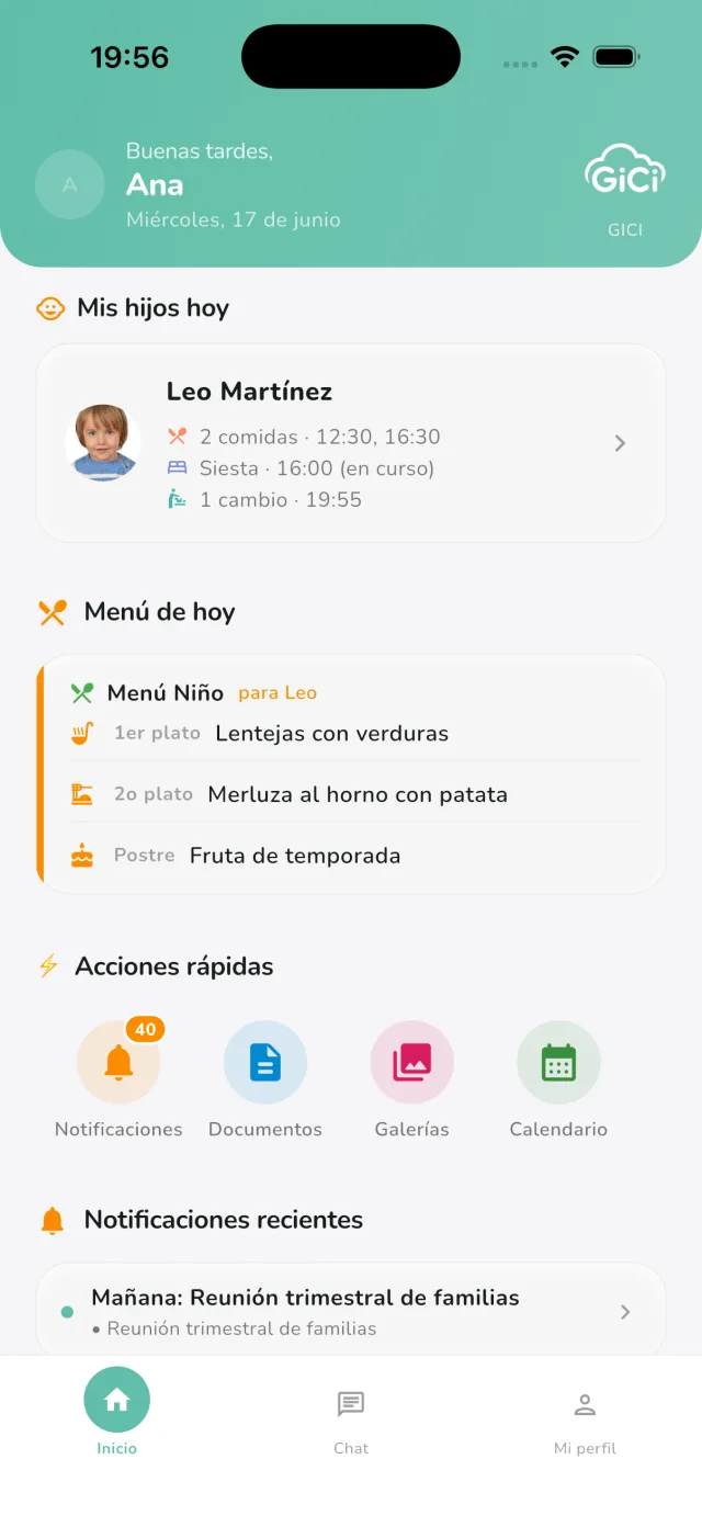 Inicio de la app para familias con los hijos del día, menú y notificaciones recientes