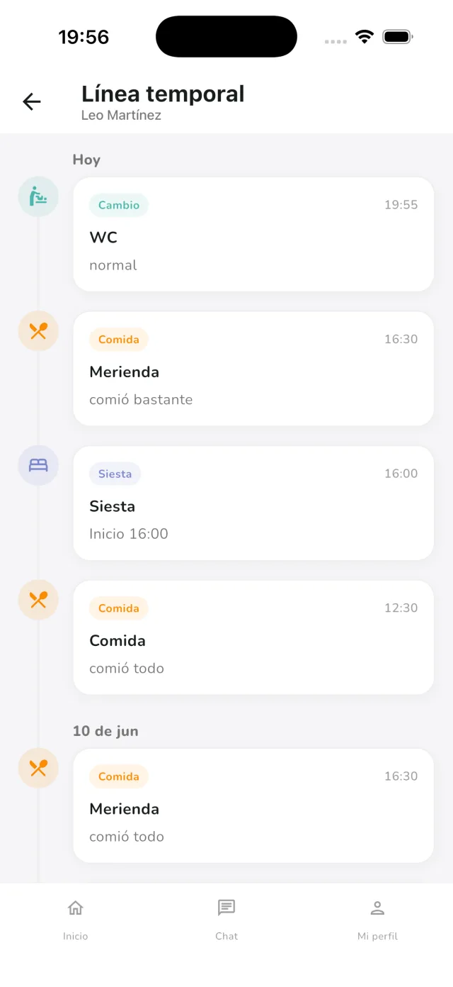 Línea temporal del día del niño con comidas, siesta y cambios registrados