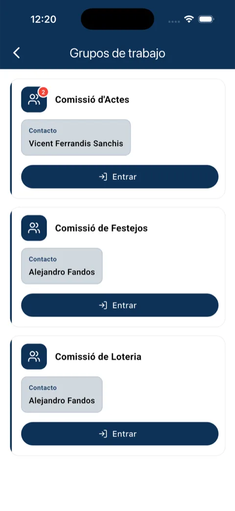 Listado de grupos de trabajo de la comisión con su persona de contacto