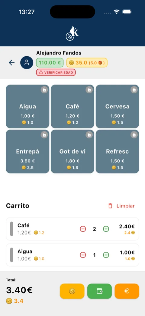 Punto de venta táctil de la barra con productos, carrito y cobro en un evento