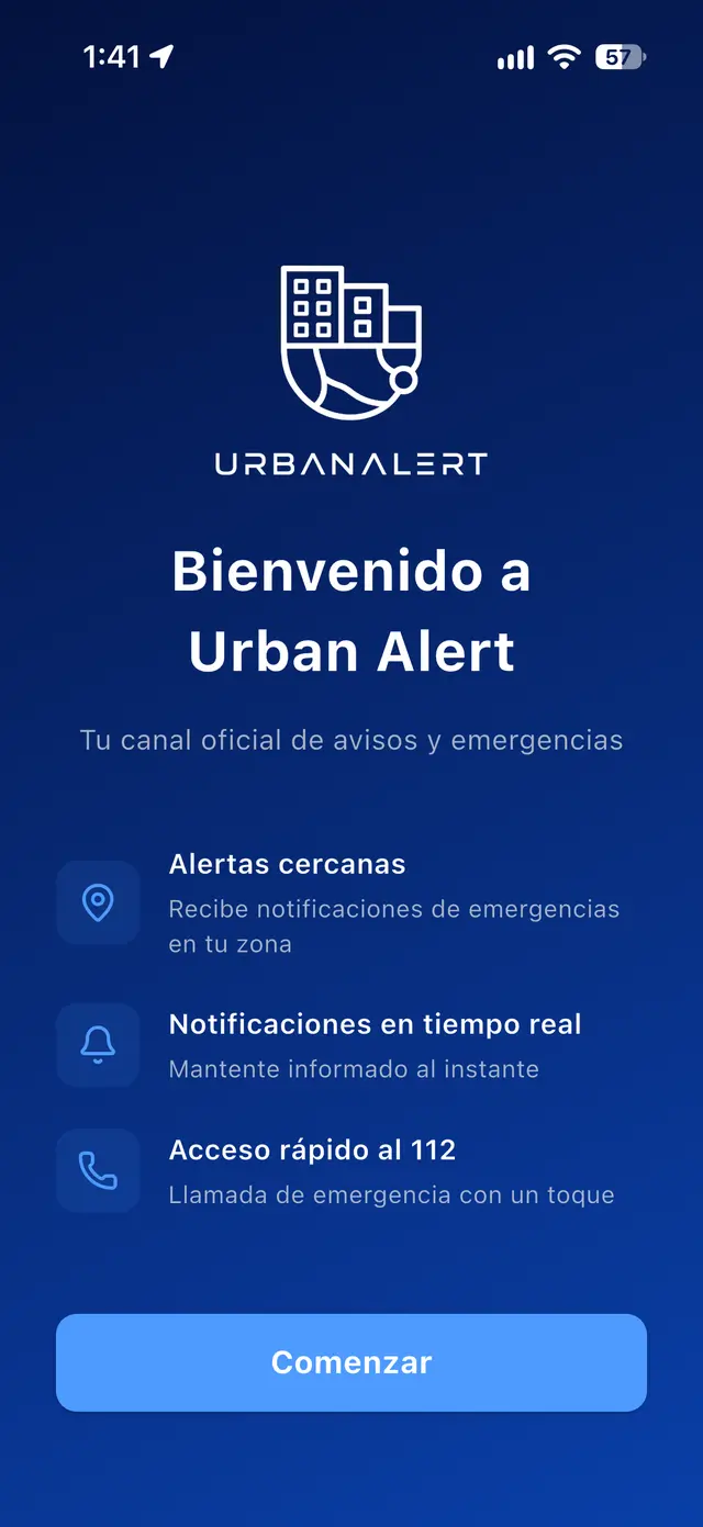 Pantalla de bienvenida de Urban Alert: alertas cercanas, notificaciones en tiempo real y acceso rápido al 112